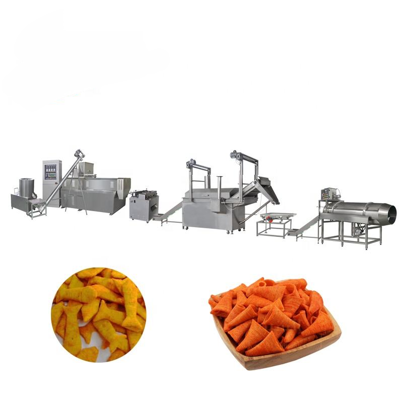 A production line for crispy fried potato chips, a popular snack food.